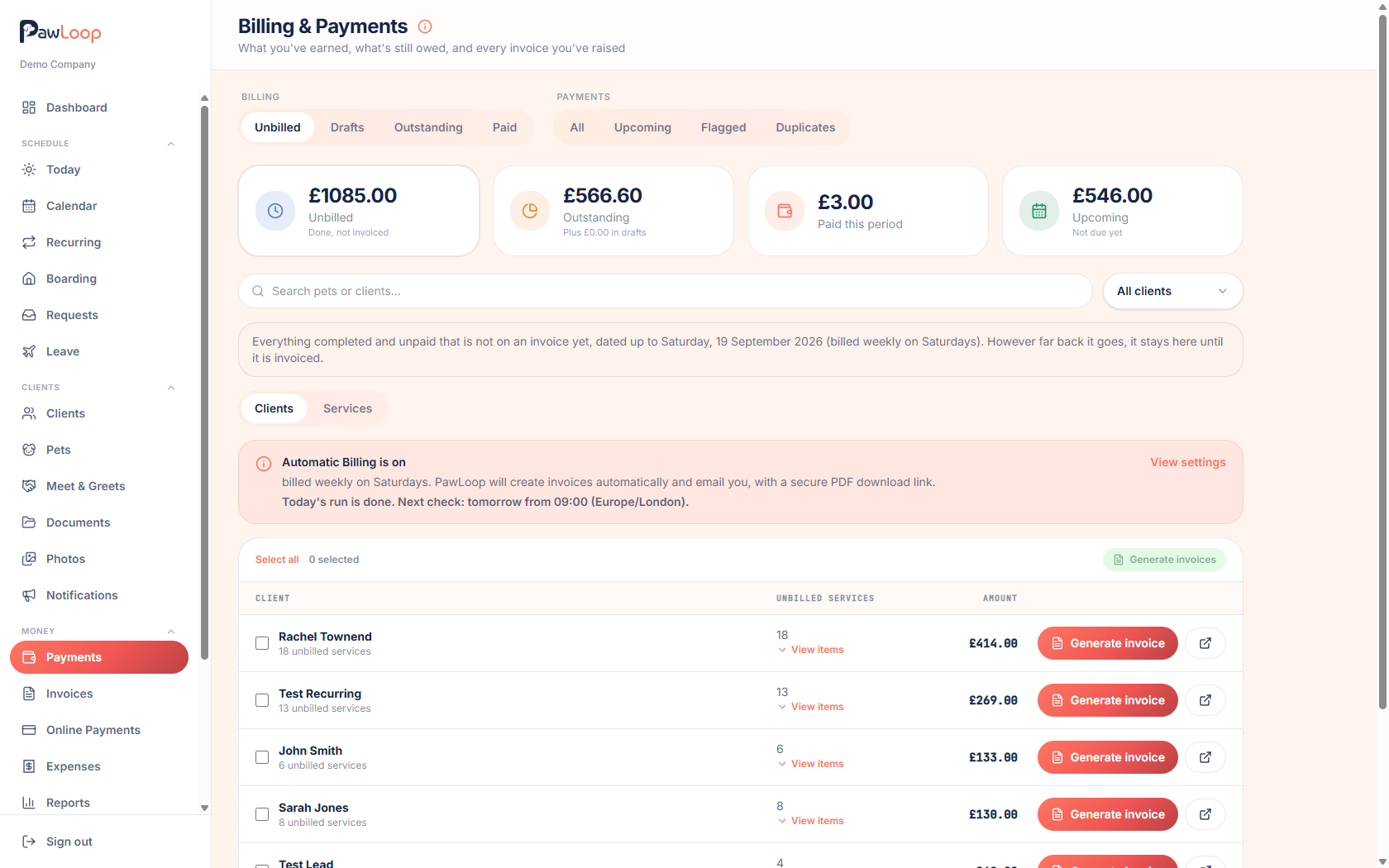 PawLoop billing and payments