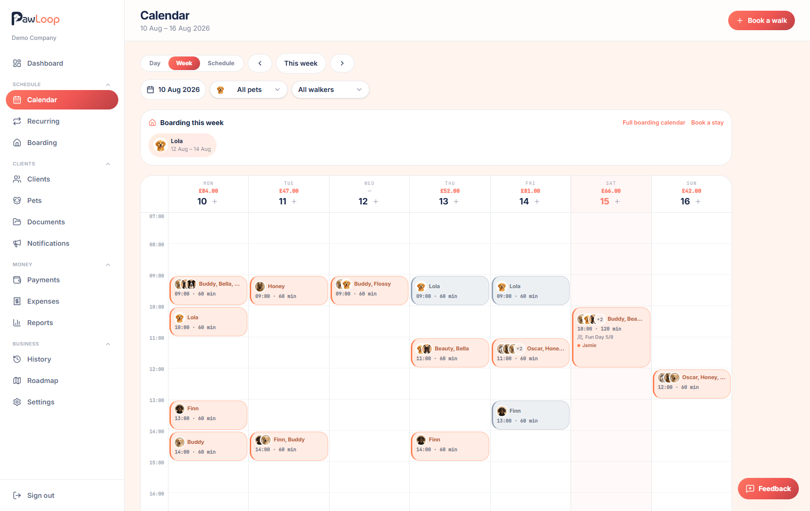 PawLoop calendar week view