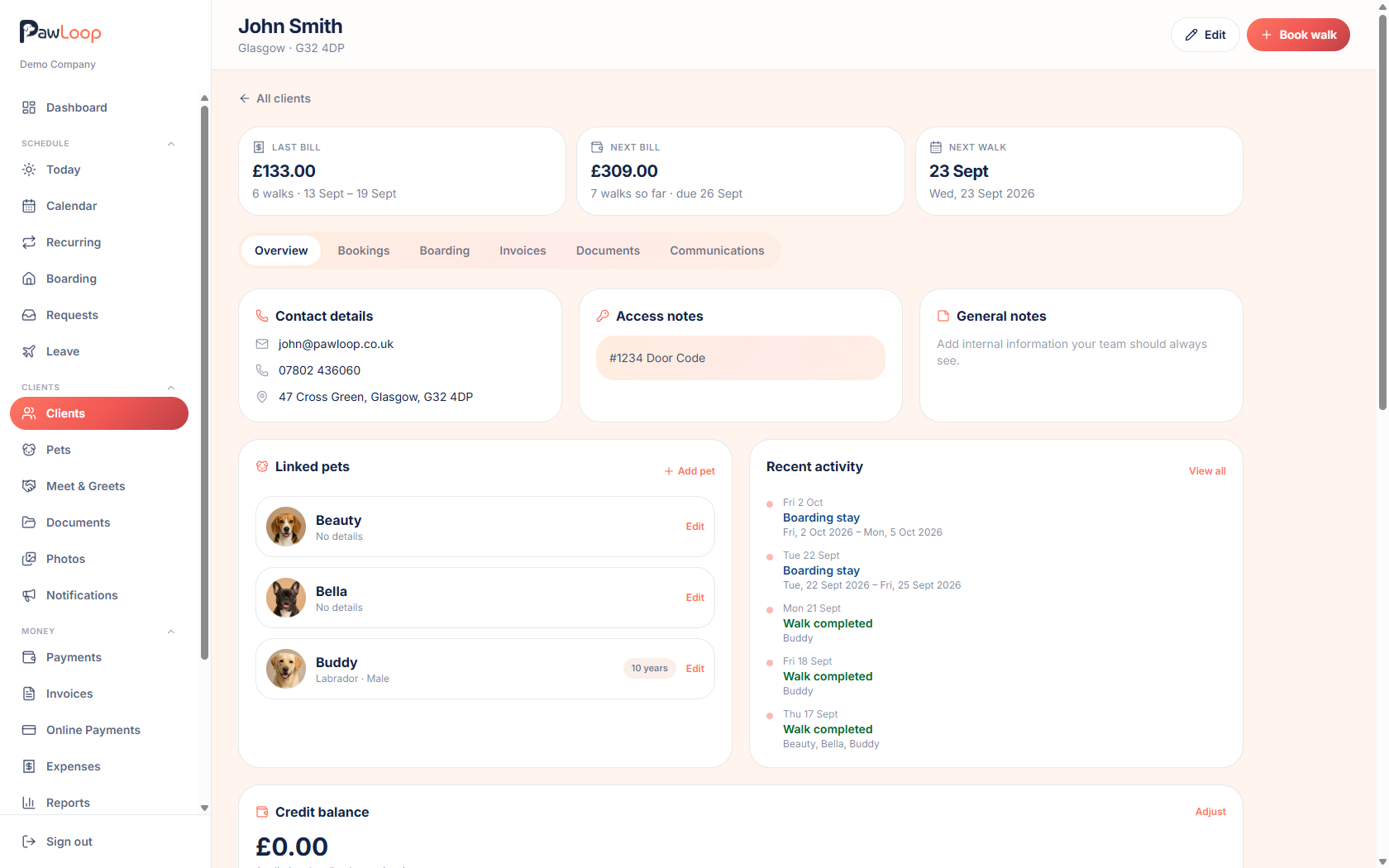 PawLoop client profile